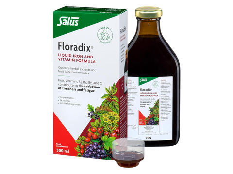 Floradix Liquid Iron & Vitamin Formula Vegetarian bottle & box front label packaging- 500ml