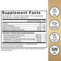 Supplement facts label with icons and text on a white and gold background