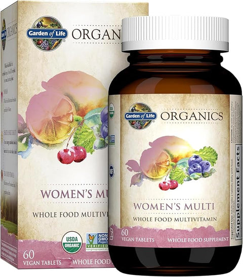 Garden of Life Organics Women's Multivitamin bottle and box 60 vegan tablets.