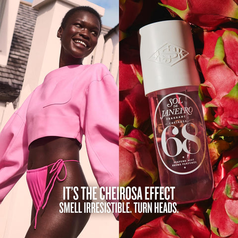 Lifestyle/use image: Sol de Janeiro Cheirosa 68 perfume mist daily fragrance use spray bottle 90ml