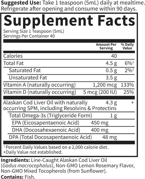 Supplement facts for Cod Liver Oil with omega-3 breakdown.