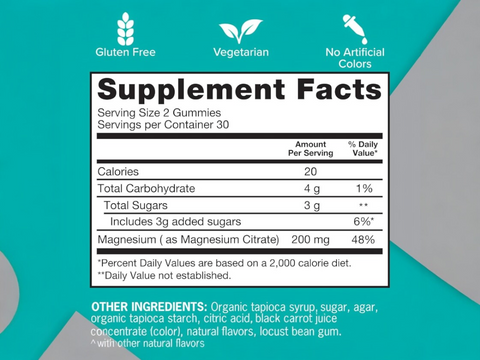 Supplement facts & ingredients image: Qunol Magnesium Gummies supplement facts magnesium citrate ingredients 60 count