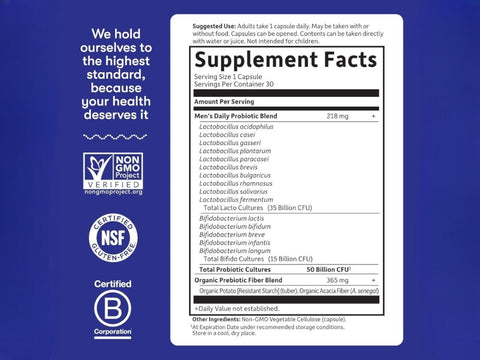 Garden of Life Dr. Formulated Probiotics Once Daily Men's 30 Capsules supplement facts panel