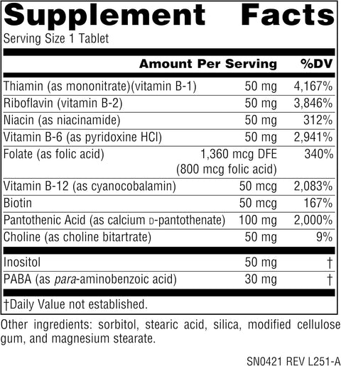 Supplement facts & ingredients image: Source Naturals B-50 Complex 50mg tablets ingredient panel 100 count