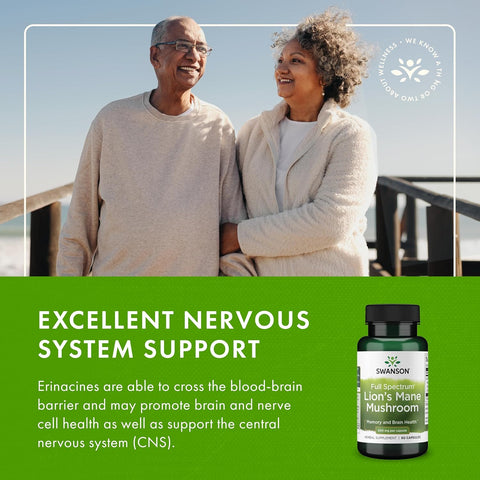 Couple standing together with a bottle of Swanson Lion's Mane Mushroom supplement on a green background.