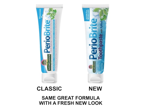 Nature’s Answer PerioBrite Whitening Toothpaste Wintermint 113.4g tube front view. Old & new look