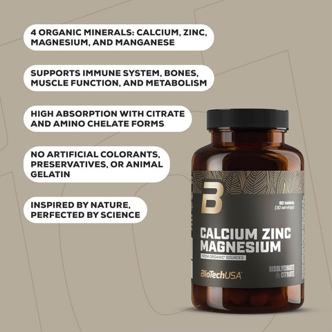 BioTechUSA Calcium Zinc Magnesium supplement facts label tablets 90 count quantity