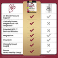 Product packaging with checkmarks indicating health benefits on a red background