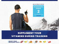 Person in athletic wear with a backpack, pointing towards a supplement container with text about vitamins during training.