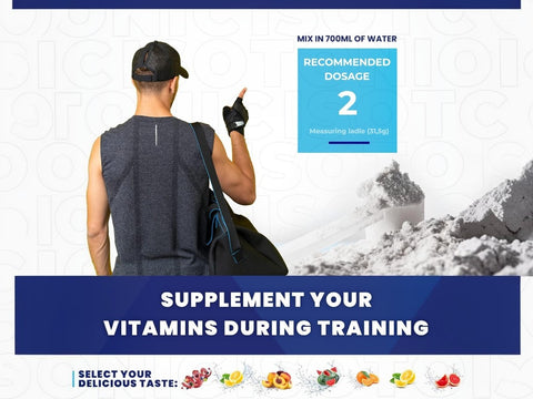Person in athletic wear with a backpack, pointing towards a supplement container with text about vitamins during training.