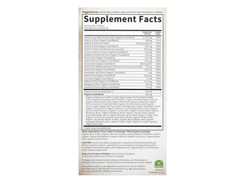 Garden of Life Organics Whole Food Multivitamin for Men Vegan Tablets supplement facts nutrition information panel