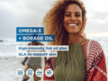 A smiling woman with curly hair stands on a beach with ocean and sky in the background. Large text reads 'OMEGA-3 + BORAGE OIL' and 'High-intensity fish oil plus GLA to support skin,' with small certification badges along the bottom.