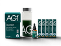 AG1 Daily Foundational Nutrition Support product set on a white background, including a teal box, a clear bottle with dark green liquid, a small dropper bottle, and five slim rectangular boxes.