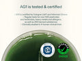 A promotional graphic with text stating 'AG1 is tested & certified' above a close-up of a green circular product container or petri dish, with certification logos for Cologne List and Informed Choice at the bottom right.