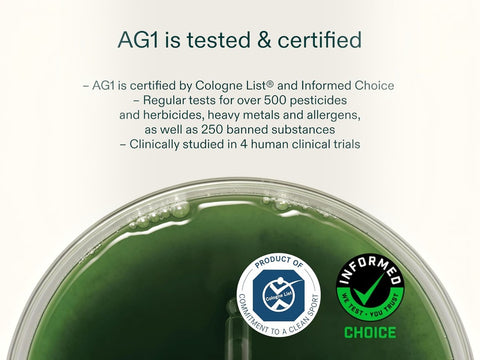 A promotional graphic with text stating 'AG1 is tested & certified' above a close-up of a green circular product container or petri dish, with certification logos for Cologne List and Informed Choice at the bottom right.