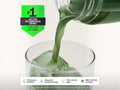 Green liquid supplement being poured from a clear bottle into a glass, with a green '#1 Doctor Recommended Brand' badge and certification icons along the bottom on a white background.