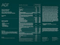A dark teal product information card for AG1 Daily Foundational Nutrition Support, featuring a large Nutrition Information panel, directions, storage, and ingredients in white text.