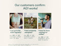 A promotional graphic with the headline 'Our customers confirm: AG1 works!' above three customer testimonial photos and quote text on a light beige background.