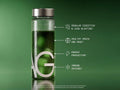 A clear cylindrical bottle with a silver cap and large white lettering, shown on a green gradient background with callout lines listing benefits such as regular digestion, healthy brain and mood, energy production, and immune defense.