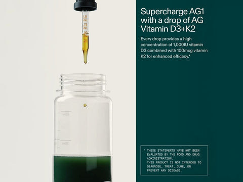 A clear glass supplement bottle with a black dropper above it, shown on a split white and dark teal background with marketing text about Supercharge AG1 and Vitamin D3+K2.