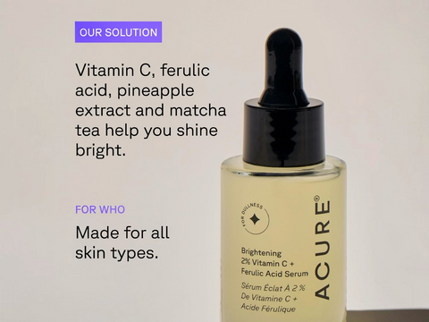 Acure serum bottle with text about ingredients and benefits on a light background