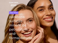 Two women with a beige background and text about product ingredients.