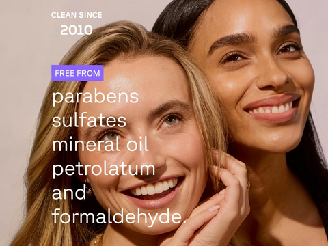 Two women with a beige background and text about product ingredients.