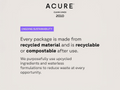 Acure brand sustainability information on a light gray background