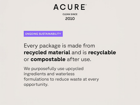 Acure brand sustainability information on a light gray background