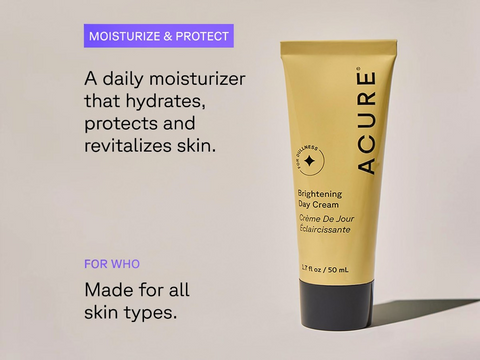 Acure Organics brightening day cream tube on a beige background with product description text.