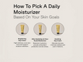 Three skincare products with labels for different skin goals on a beige background.