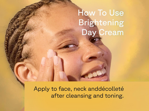 Person applying brightening day cream with text on a yellow background