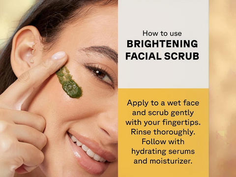 Woman applying green facial scrub to her face with text on how to use it.