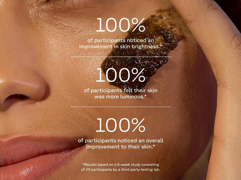 Close-up of a person's face with text overlay about skin improvement results.