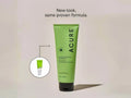 Green Acure tube of cleanser on a light background with 'New look, same proven formula' text.