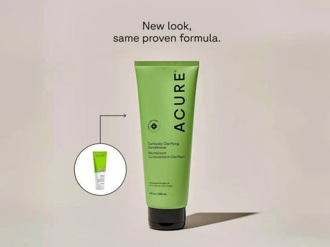 Green Acure tube of cleanser on a light background with 'New look, same proven formula' text.