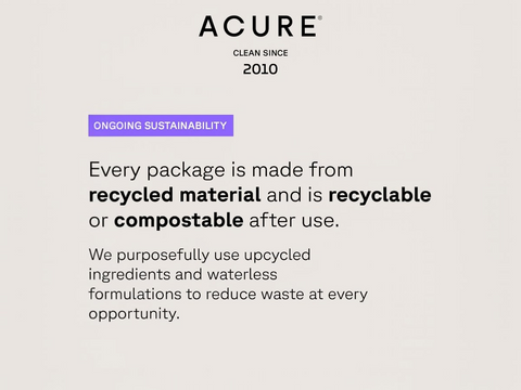 Acure brand sustainability information on a light gray background