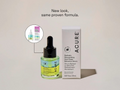 Acure serum bottle and box with text 'New look, same proven formula.' on a beige background