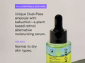 Acure serum bottle with text about its benefits and usage on a light gray background