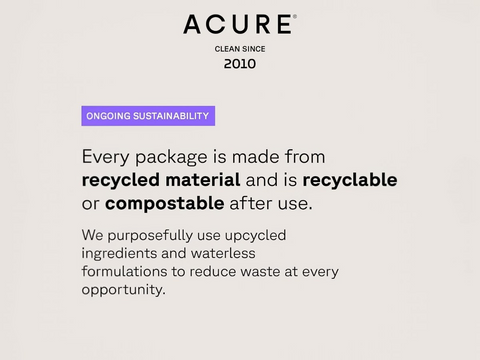 Acure brand sustainability information on a light gray background