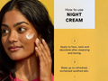 Woman applying night cream with text on how to use it on a yellow background