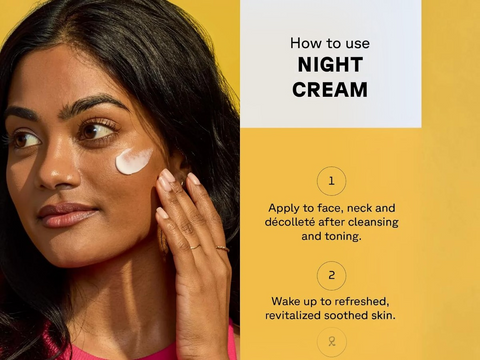 Woman applying night cream with text on how to use it on a yellow background
