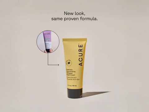 Acure skincare tube with a smaller image of a purple tube above it on a beige background.