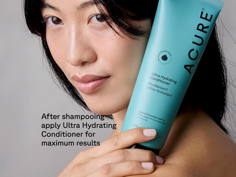 Woman holding a bottle of Acure Ultra Hydrating Conditioner with text on a gray background