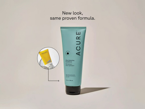 Acure lotion bottle with a smaller yellow bottle in the corner on a beige background