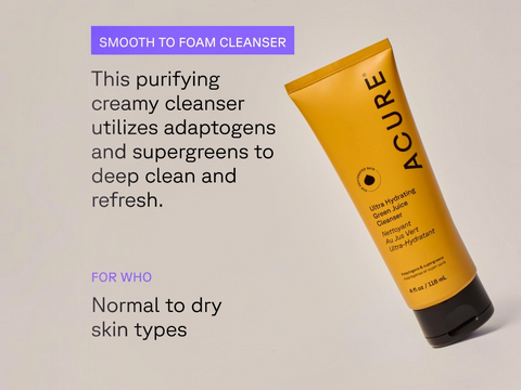 Acure Smooth to Foam Cleanser tube on a beige background with product description text.