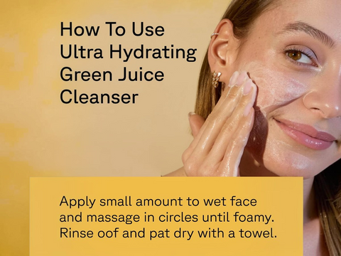 Woman applying green juice cleanser to her face with text on how to use it.