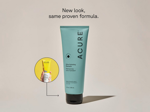 Acure lotion bottle with a smaller image of a tube on a beige background