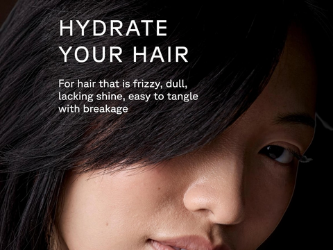 Person with dark hair and text about hydrating hair, with a focus on frizzy, dull, and breakage issues.