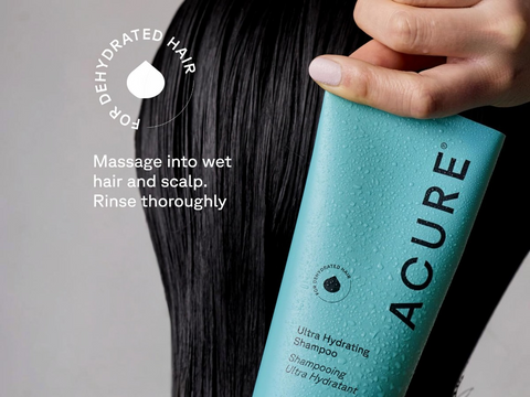 Person holding a bottle of Acure Ultra Hydrating Shampoo with text on dehydrated hair.